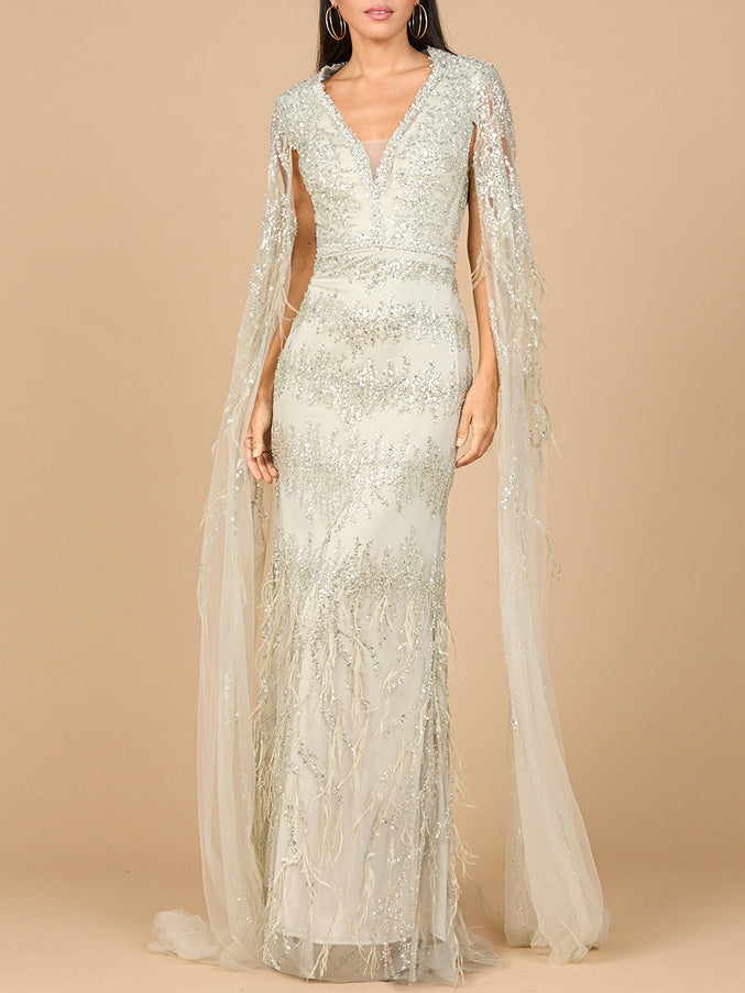 Lara New York 28969 V-Neck Gown with Long Cape Sleeves and Feathers Sage