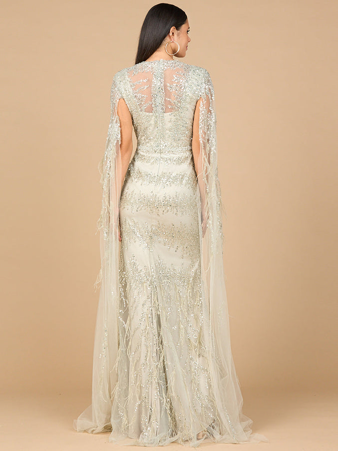 Lara New York 28969 V-Neck Gown with Long Cape Sleeves and Feathers