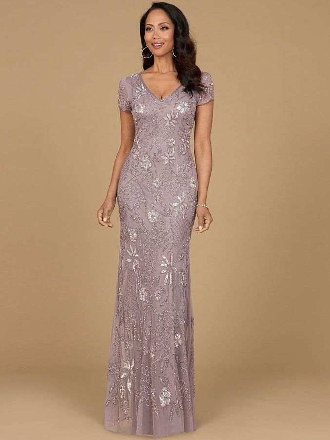 Lara New York 28972 V-Neck Short Sleeve Beaded Gown Amethyst
