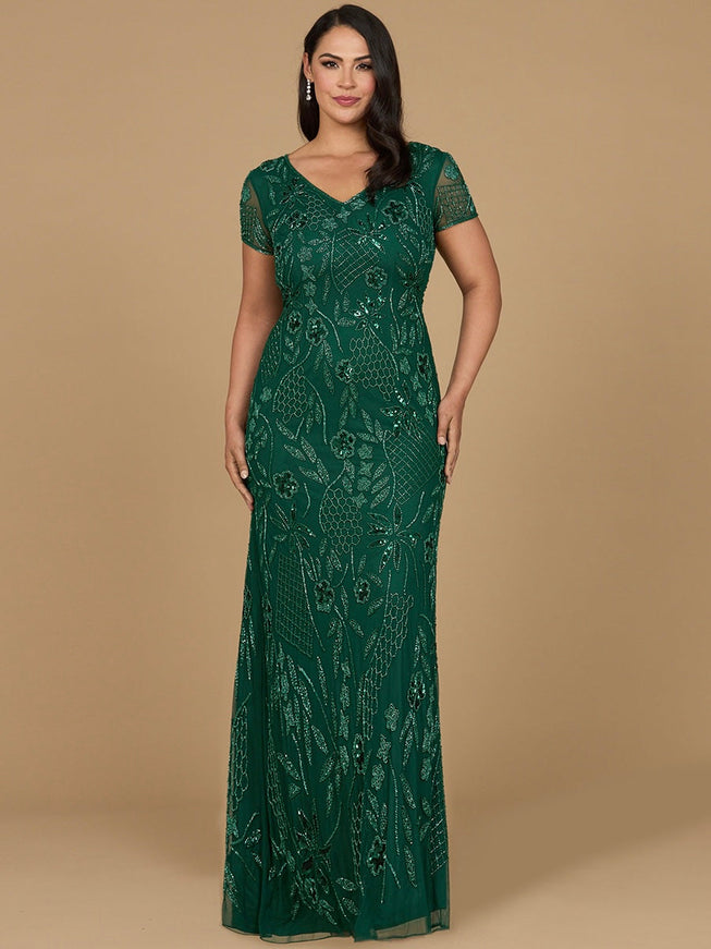 V-Neck, Short Sleeve Beaded Gown Dark Green