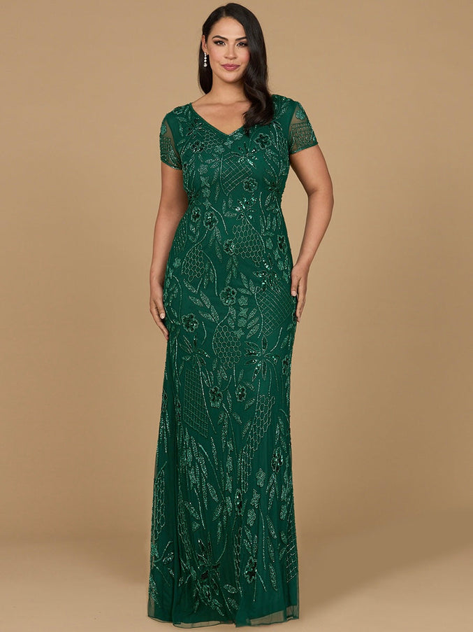 Lara New York 28972 V-Neck Short Sleeve Beaded Gown Dark Green
