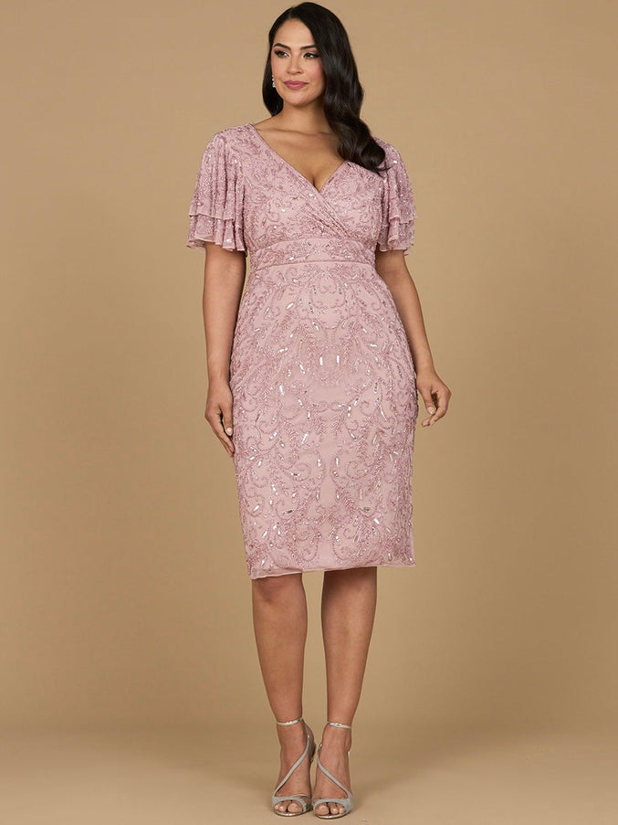 Lara New York 28973 Beaded Midi Dress with Cape Sleeves Dusty Rose