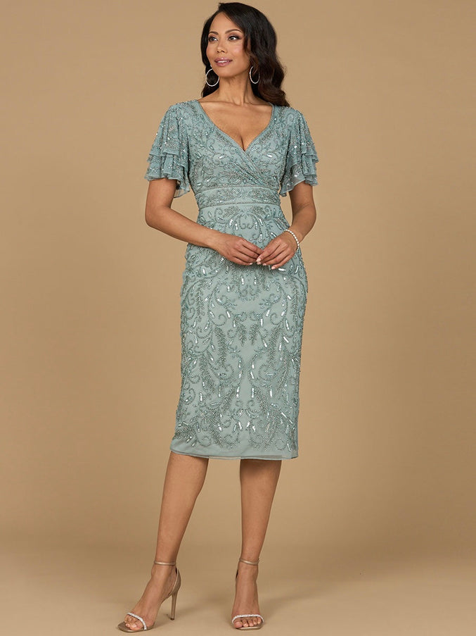 Lara New York 28973 Beaded Midi Dress with Cape Sleeves Dark Sage
