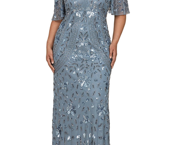Lara V-Neck, Cape Sleeve Beaded Gown Dusty Periwinkle / 6