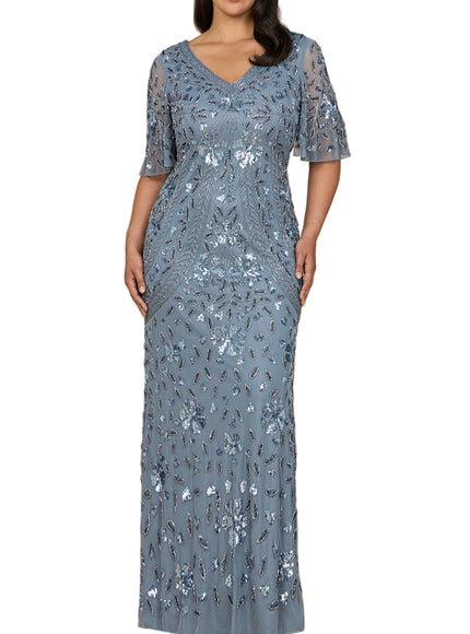 Lara V-Neck, Cape Sleeve Beaded Gown Dusty Periwinkle