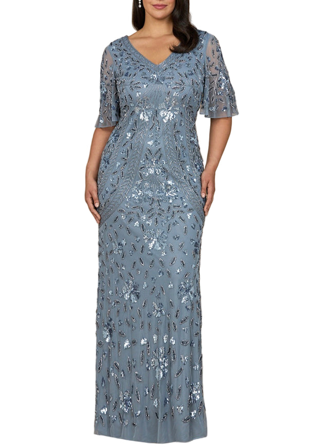 Lara V-Neck, Cape Sleeve Beaded Gown Dusty Periwinkle
