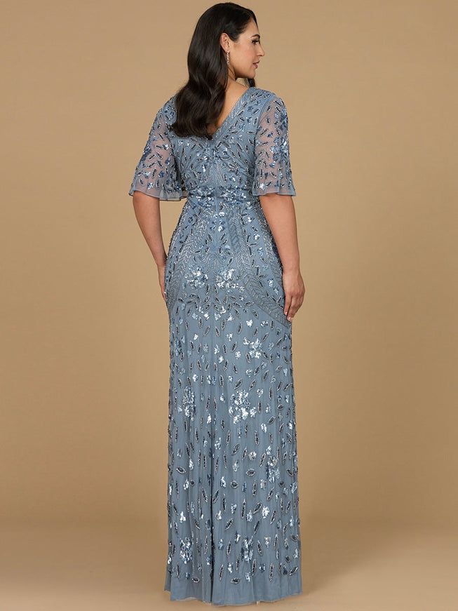 Lara V-Neck, Cape Sleeve Beaded Gown