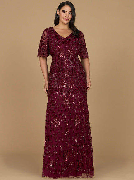Lara V-Neck, Cape Sleeve Beaded Gown Wine