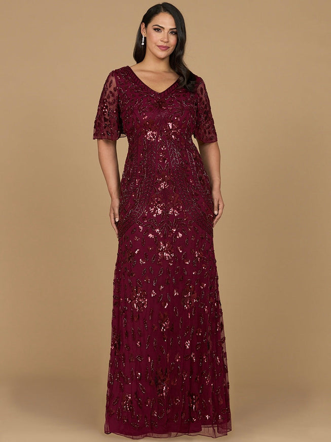 Lara V-Neck, Cape Sleeve Beaded Gown Wine