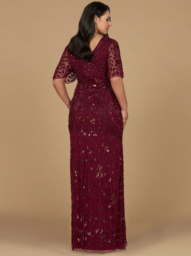 Lara V-Neck, Cape Sleeve Beaded Gown