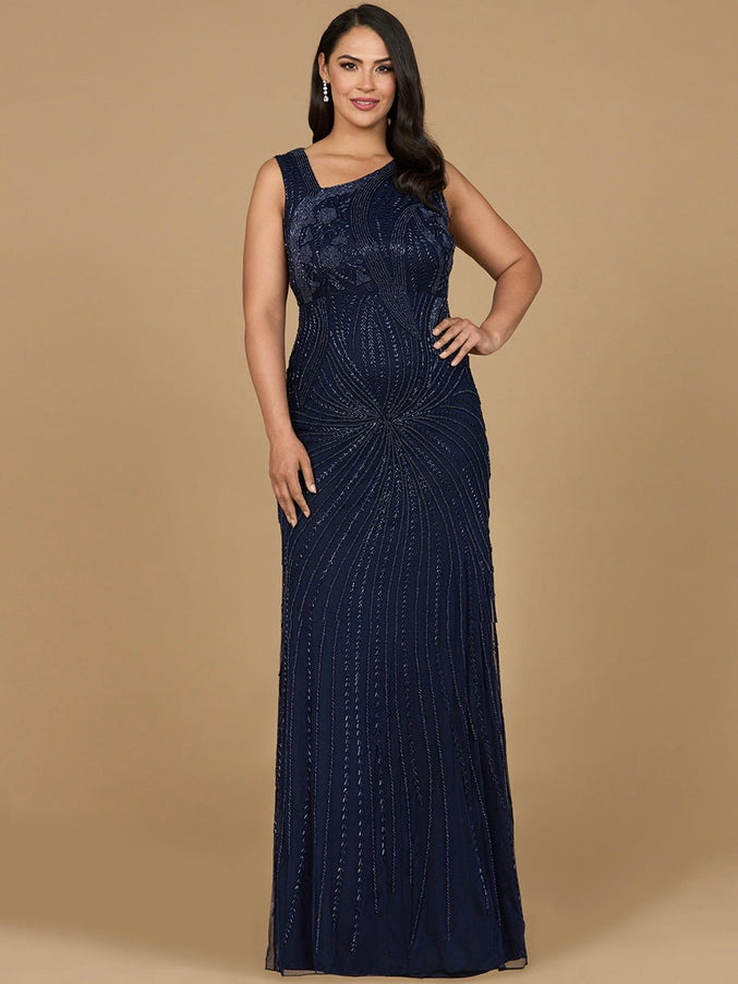 Lara New York 28976 Asymmetrical Beaded Gown Navy