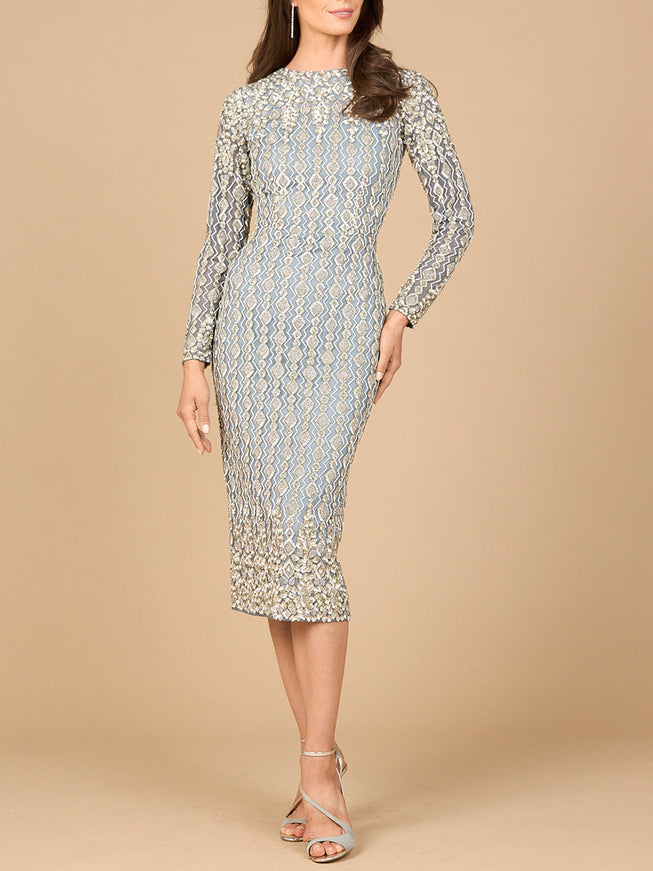 Beaded Midi Dress with Long Sleeves Grey