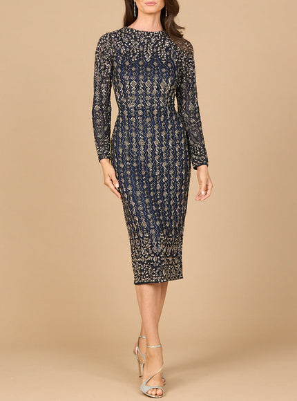 Beaded Midi Dress with Long Sleeves Navy