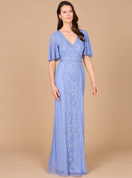 Lara V-Neck Cape Sleeve Beaded Gown Periwinkle