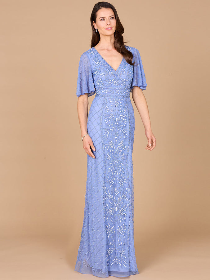 Lara V-Neck Cape Sleeve Beaded Gown Periwinkle