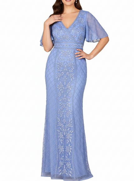 Lara V-Neck Cape Sleeve Beaded Gown