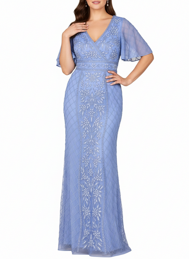 Lara V-Neck Cape Sleeve Beaded Gown