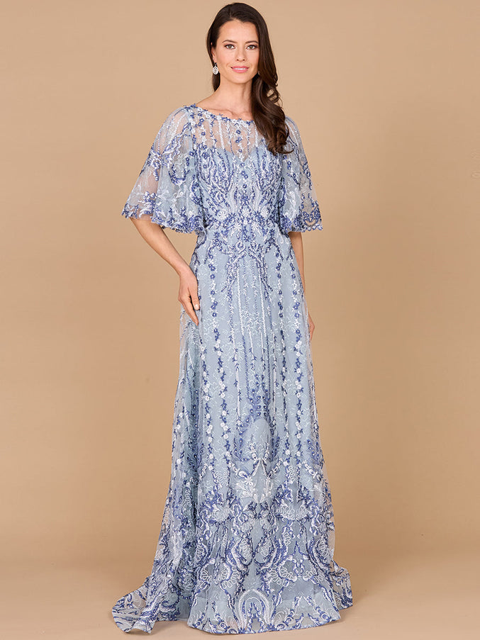 Lara New York 28984 Embroidered Cape Sleeve A-Line Gown Blue