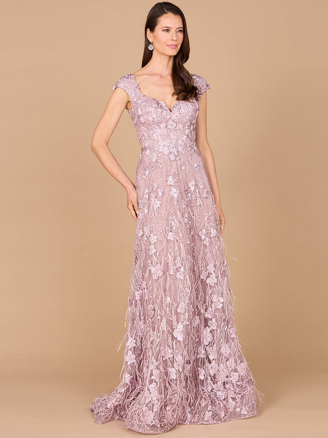 Lara New York 28986 Cap Sleeves A-Line Dress with Feathers Lilac