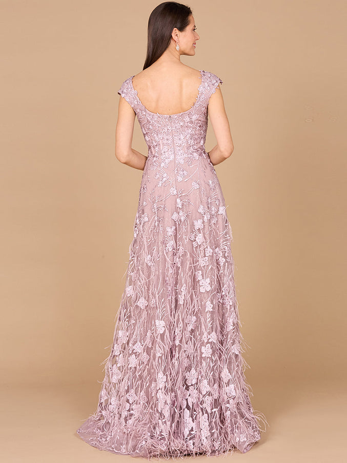 Lara New York 28986 Cap Sleeves A-Line Dress with Feathers