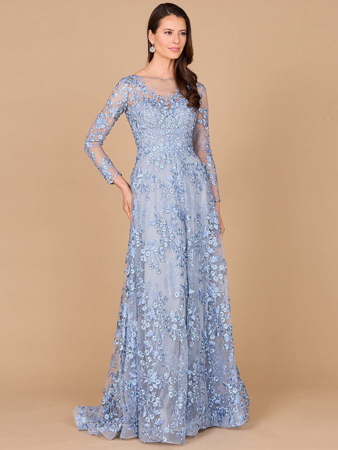 Illusion Neckline, Long Sleeves Gown Blue