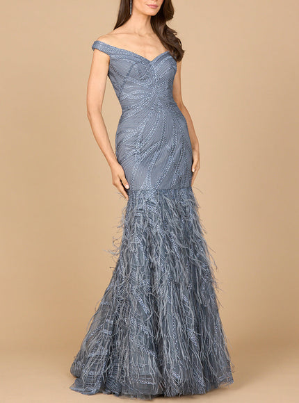 Off Shoulder Mermaid Beaded Gown with Feathers Slate