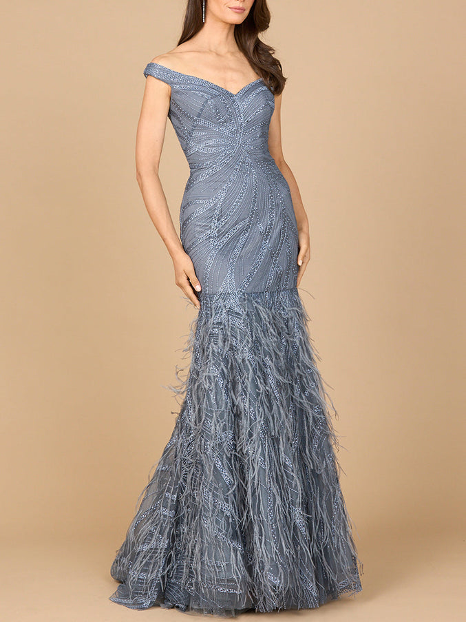 Lara New York 28988 Off Shoulder Mermaid Beaded Gown with Feathers Slate