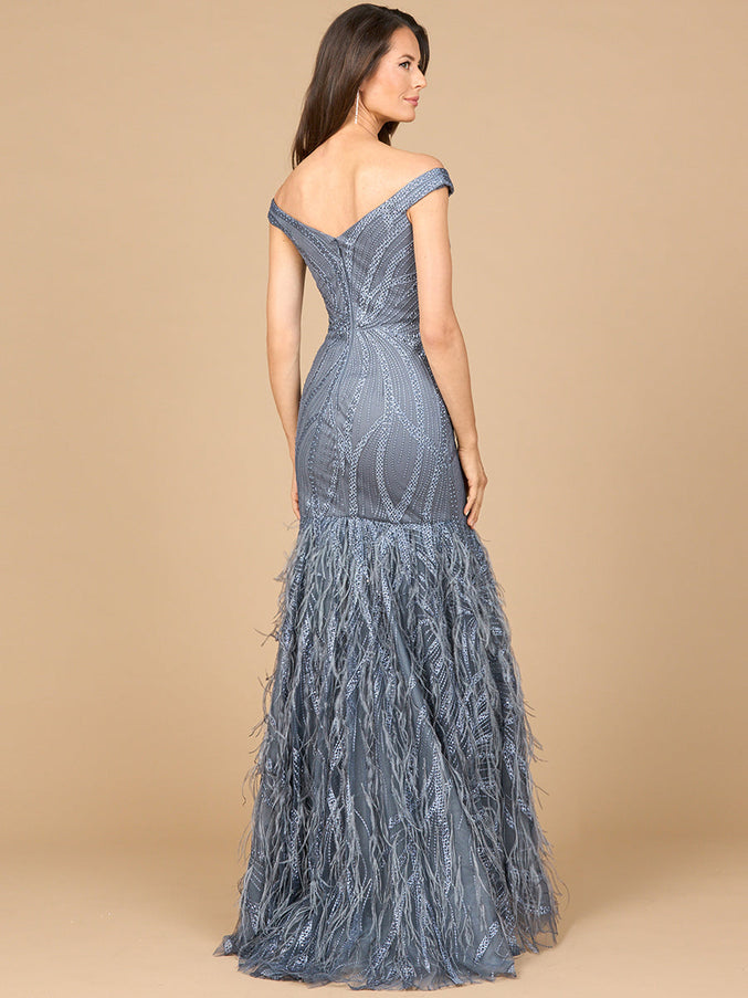 Lara New York 28988 Off Shoulder Mermaid Beaded Gown with Feathers