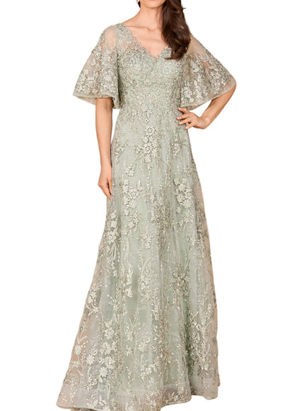 Lara V-neck, Cape Sleeve Gown Sage