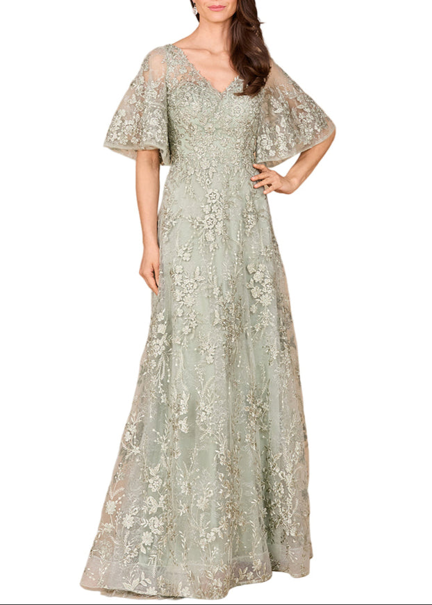 Lara V-neck, Cape Sleeve Gown Sage