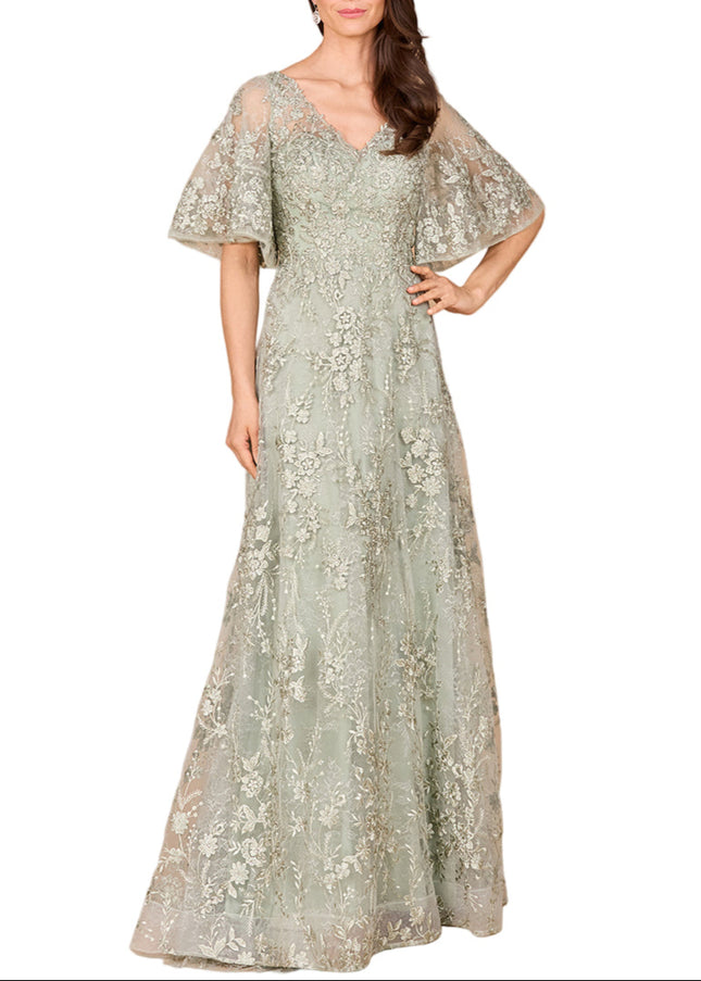 Lara V-neck, Cape Sleeve Gown Sage
