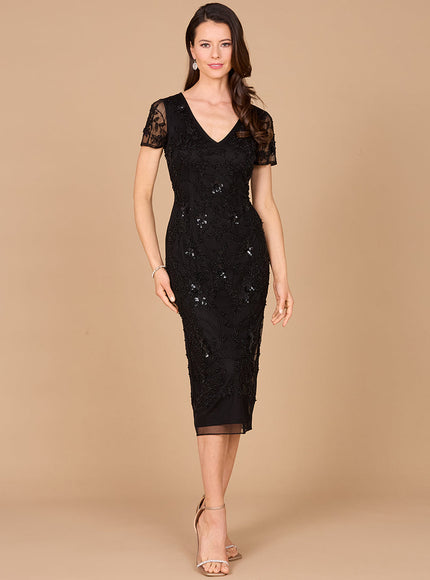 Beaded Midi Dress with Cap Sleeves Black