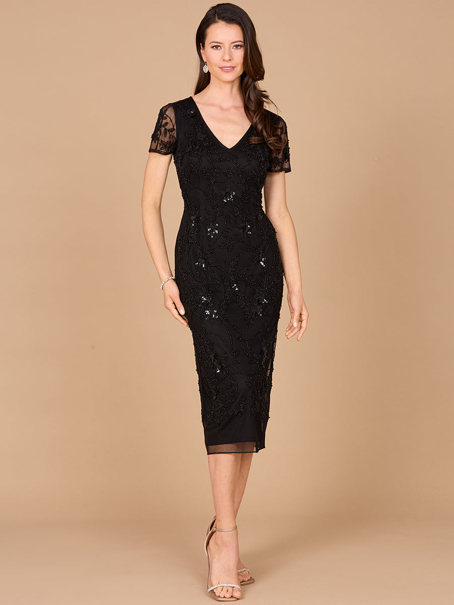 Beaded Midi Dress with Cap Sleeves Ellie Belle Beaded Midi Dress with Cap Sleeves Ellie Belle