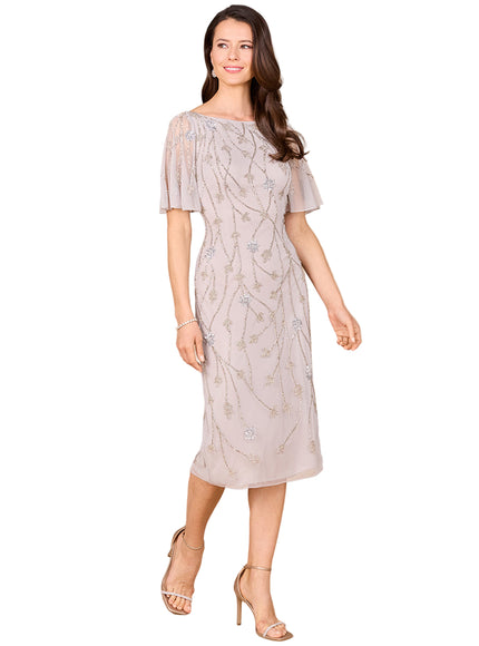 Beaded Midi Dress with Cape Sleeves Silver