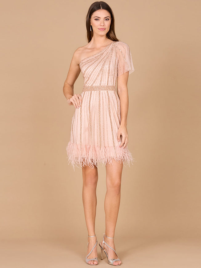 One Shoulder Cocktail Dress with Feathers Blush