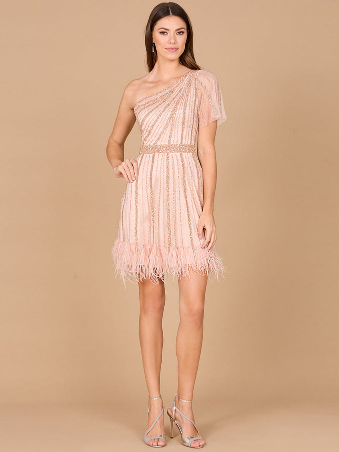 Lara New York 29014 One Shoulder Cocktail Dress with Feathers Blush