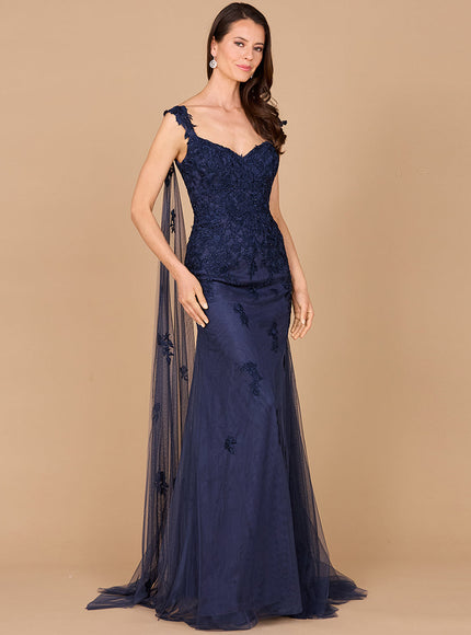 Lara Embroidered Lace Gown with Cape Navy