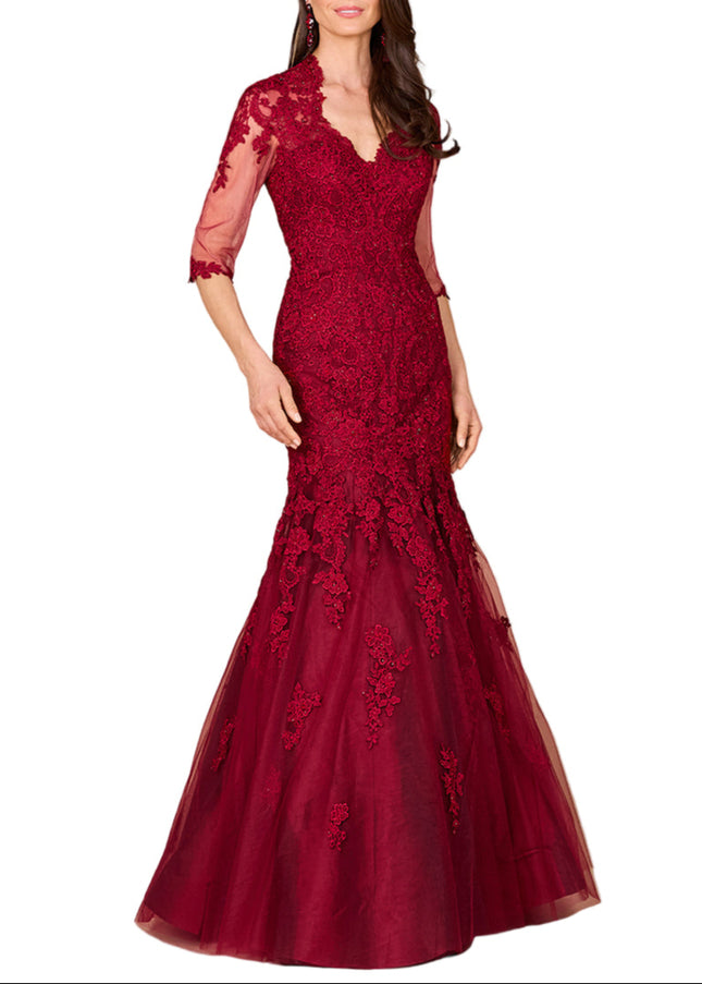 Lara Long Sleeve, Mermaid Lace Gown Dark Red