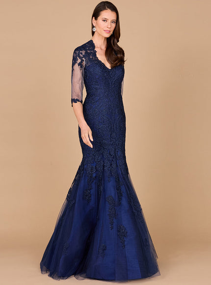 Lara Long Sleeve, Mermaid Lace Gown Navy