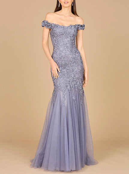 Lara Off Shoulder Mermaid Gown in Grey Blue