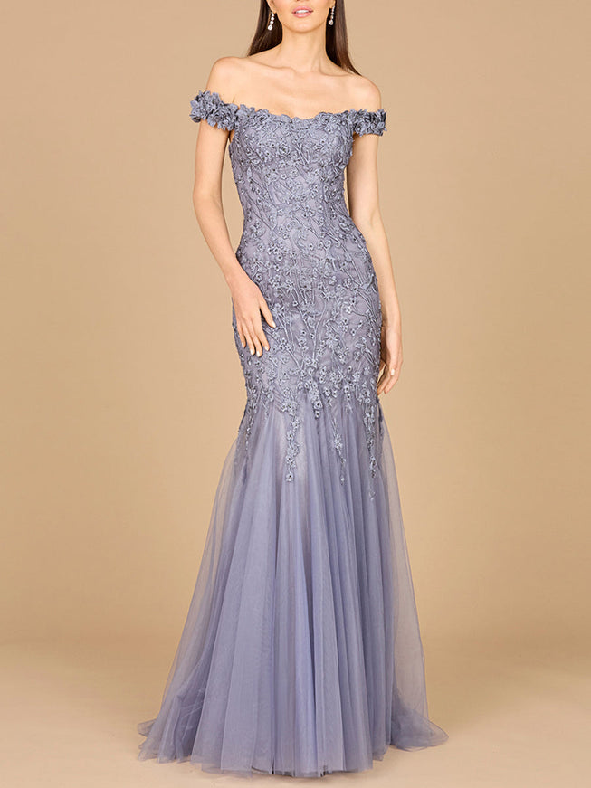 Lara Off Shoulder Mermaid Gown in Grey Blue