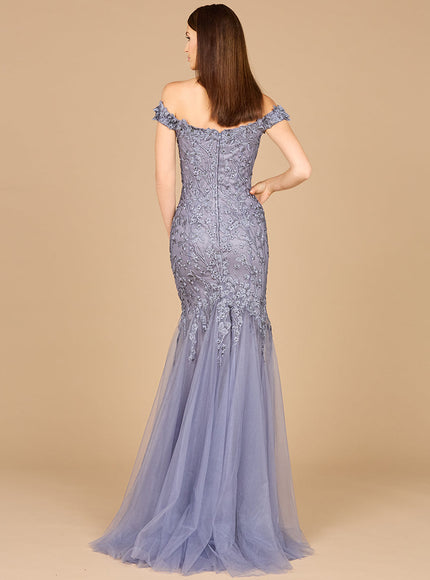 Lara Off Shoulder Mermaid Gown in Grey Blue