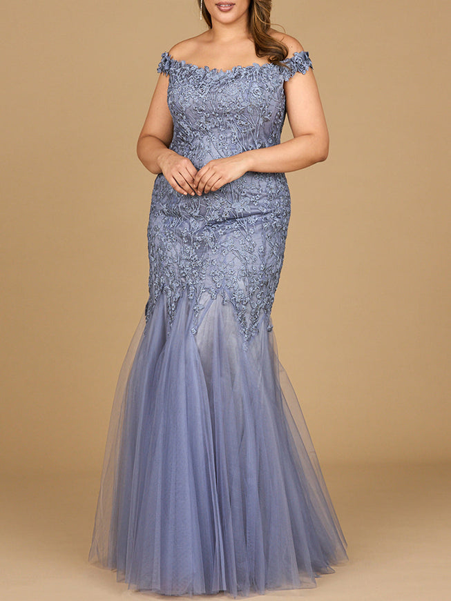 Lara Off Shoulder Mermaid Gown in Grey Blue
