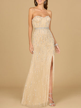 Strapless Beaded Gown with Slit - OUTLET