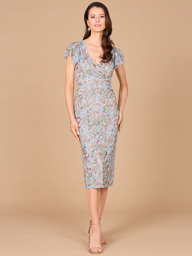 Floral Beaded Midi Dress Grey Multi