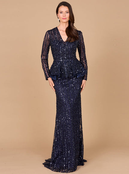Long Sleeve Beaded Peplum Dress Navy