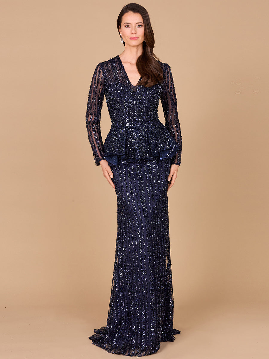 beaded peplum dress Burgundy off-shoulder gown with beaded bodice and peplum waist