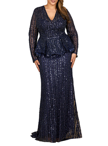 Long Sleeve Beaded Peplum Dress