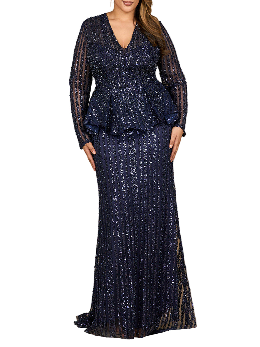 Long Sleeve Beaded Peplum Dress - Navy / 6 Long Sleeve Beaded Peplum Dress - Navy / 6