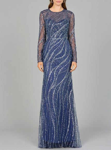 Lara New York 29039 Long Sleeve Sheath Gown with Silver Beads Blue